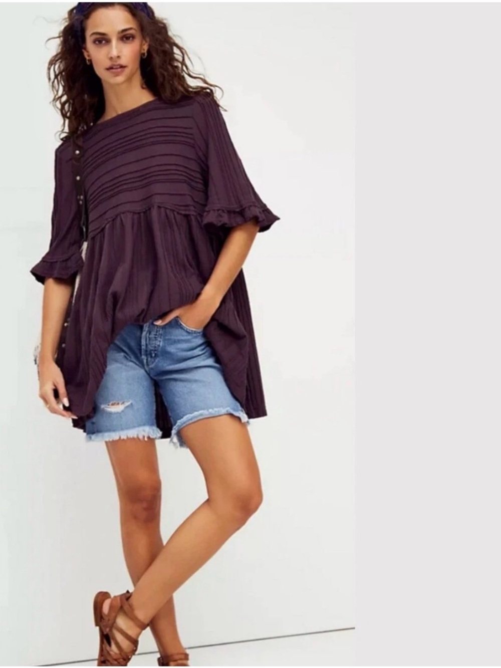 Free People Take A Spin Babydoll Tunic Dress Plum Purple Ruffle Sleeve Mini Top